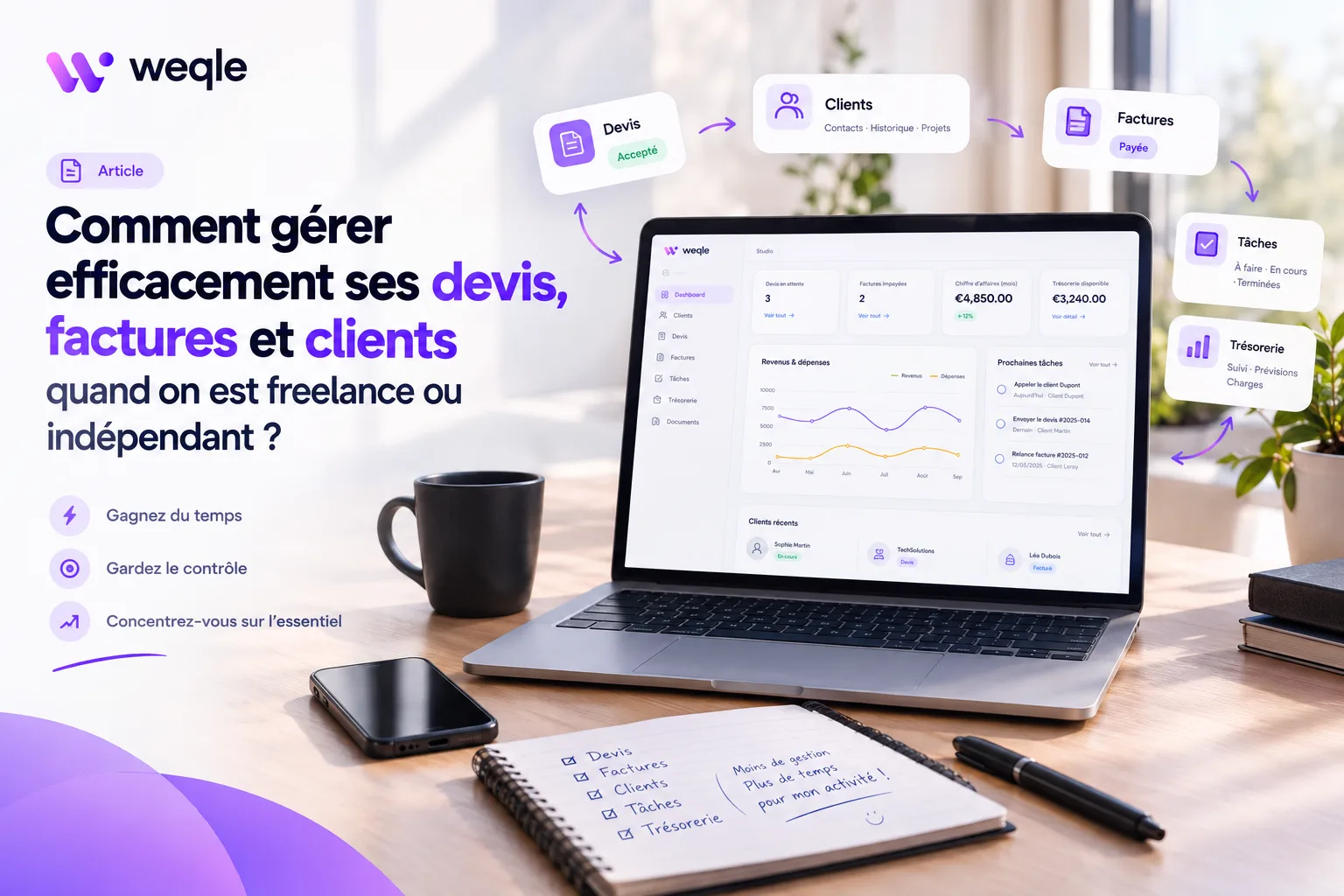 Illustration sombre et professionnelle représentant un freelance devant son ordinateur, avec une interface centralisée regroupant clients, devis, factures, tâches et finances, symbolisant une gestion d’activité simplifiée et automatisée.
