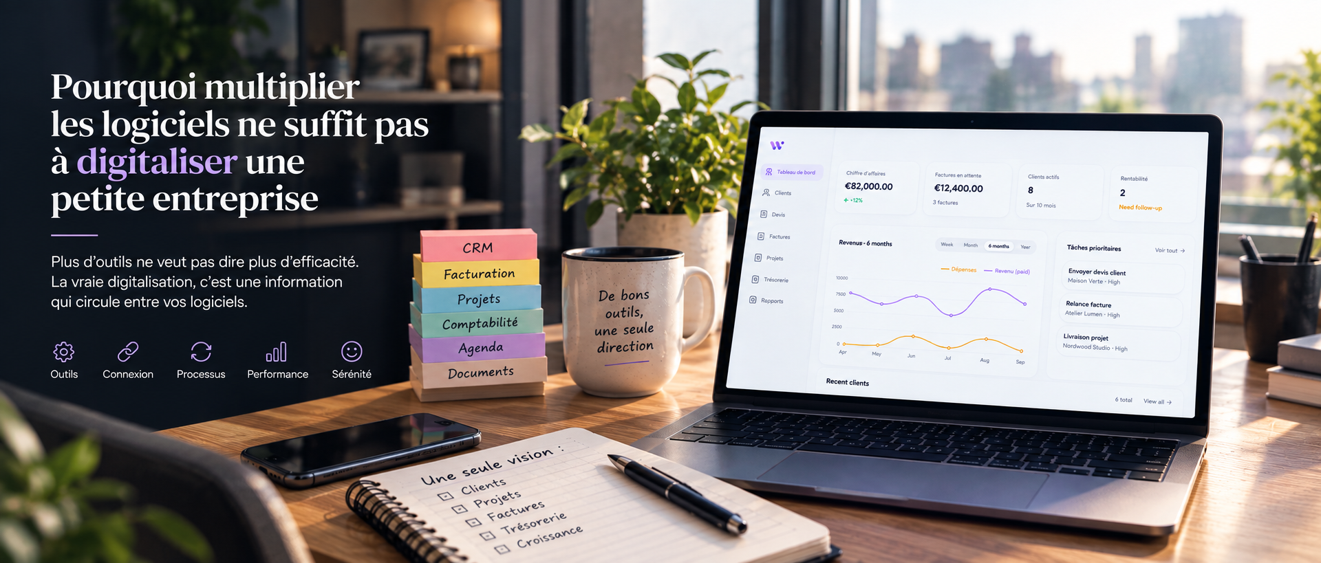 Illustration éditoriale sur la digitalisation des petites entreprises et l’intégration des logiciels professionnels. Un ordinateur portable affiche un tableau de bord de gestion Weqle tandis que plusieurs outils numériques reliés entre eux représentent le CRM, la facturation, les projets, la comptabilité, les documents et l’agenda. L’image illustre comment connecter les logiciels, centraliser les informations et automatiser les processus pour éviter la fragmentation des données et améliorer l’efficacité d’une petite entreprise