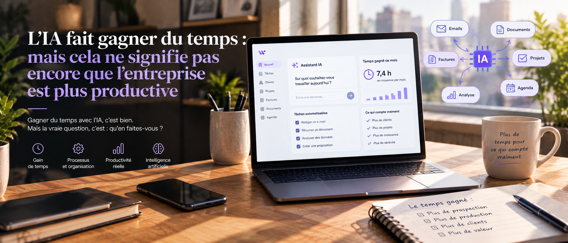 Illustration éditoriale sur l’intelligence artificielle et la productivité des petites entreprises. Un ordinateur portable affiche un tableau de bord d’assistant IA avec le temps gagné, les tâches automatisables et les processus de travail, tandis que l’IA est reliée aux e-mails, documents, factures, projets, agenda et analyse de données. L’image illustre la différence entre gagner du temps grâce à l’IA et améliorer réellement la productivité en automatisant les processus d’entreprise.