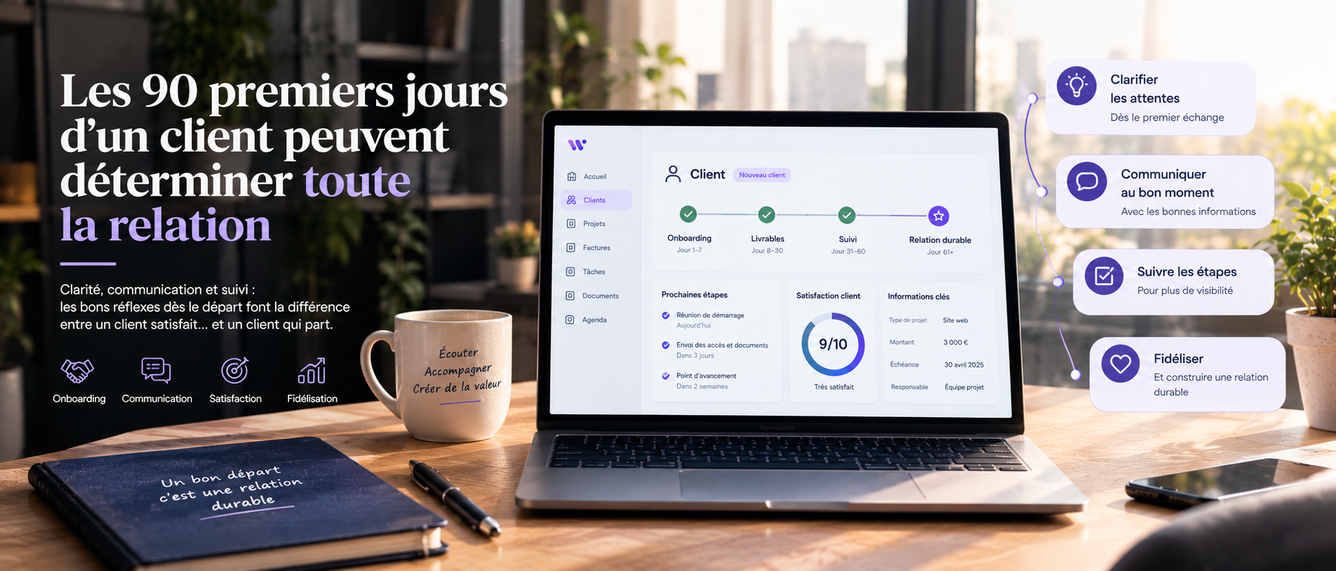 Illustration éditoriale sur les 90 premiers jours d’une relation client pour un freelance, une agence ou une petite entreprise. Un tableau de bord de gestion présente les étapes de l’onboarding, les livrables, le suivi du projet, la satisfaction client et les prochaines actions. L’image illustre l’importance de clarifier les attentes, communiquer au bon moment, rendre l’avancement visible et construire une relation client durable