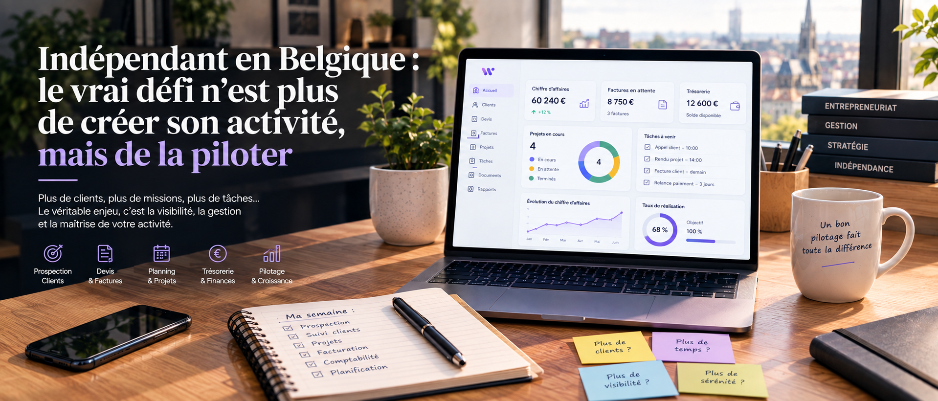 Illustration éditoriale sur la gestion d’une activité indépendante en Belgique. Un tableau de bord professionnel présente le chiffre d’affaires, les factures en attente, la trésorerie, les projets, les tâches et le suivi de l’activité. L’image illustre les défis des freelances et indépendants belges pour piloter leur entreprise, suivre leur temps, gérer leurs clients, contrôler leur rentabilité et centraliser les informations nécessaires à la prise de décision.