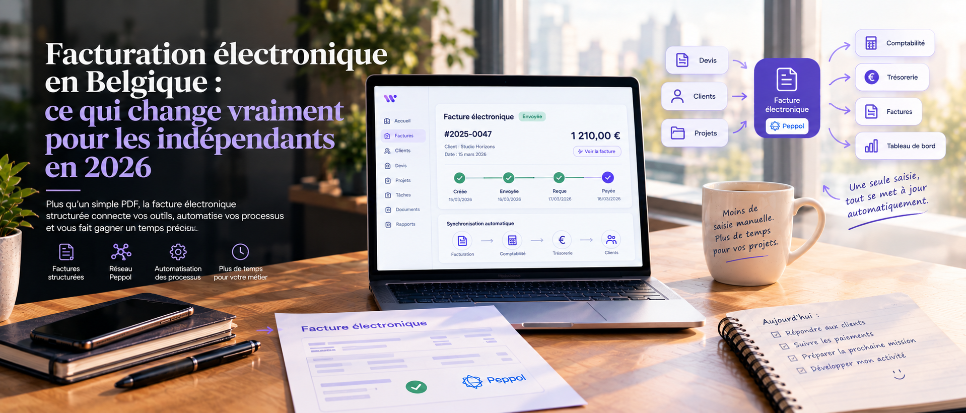 Editorial illustration about electronic invoicing in Belgium in 2026 and what the new e-invoicing requirements mean for freelancers and small businesses. A professional dashboard displays structured invoices, Peppol integration, clients, payments, accounting and automated workflows, illustrating how electronic invoices can connect business software, reduce manual administration and improve financial management.
