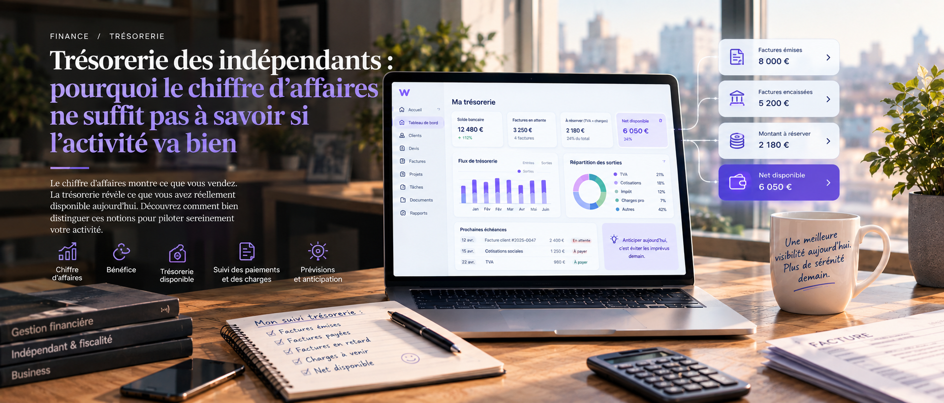 Editorial illustration about freelance and small-business cash flow management, showing the difference between turnover, profit, and real available cash, with invoices, VAT, social contributions, taxes, expenses, payments, and future cash-flow planning connected to a financial dashboard.