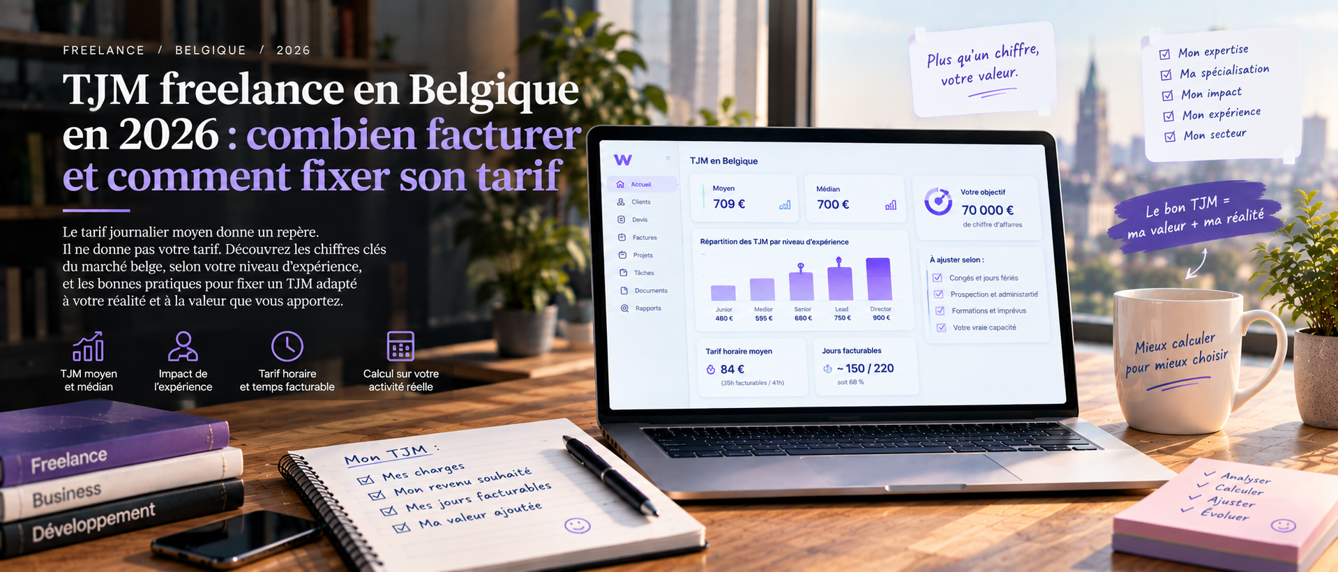 Editorial illustration about freelance daily rates in Belgium in 2026, showing how freelancers can determine an appropriate day rate based on experience, skills, specialization, market benchmarks, working capacity, costs and target income. A professional business dashboard displays Belgian freelance rate benchmarks, experience levels, hourly rates and day-rate calculations.
