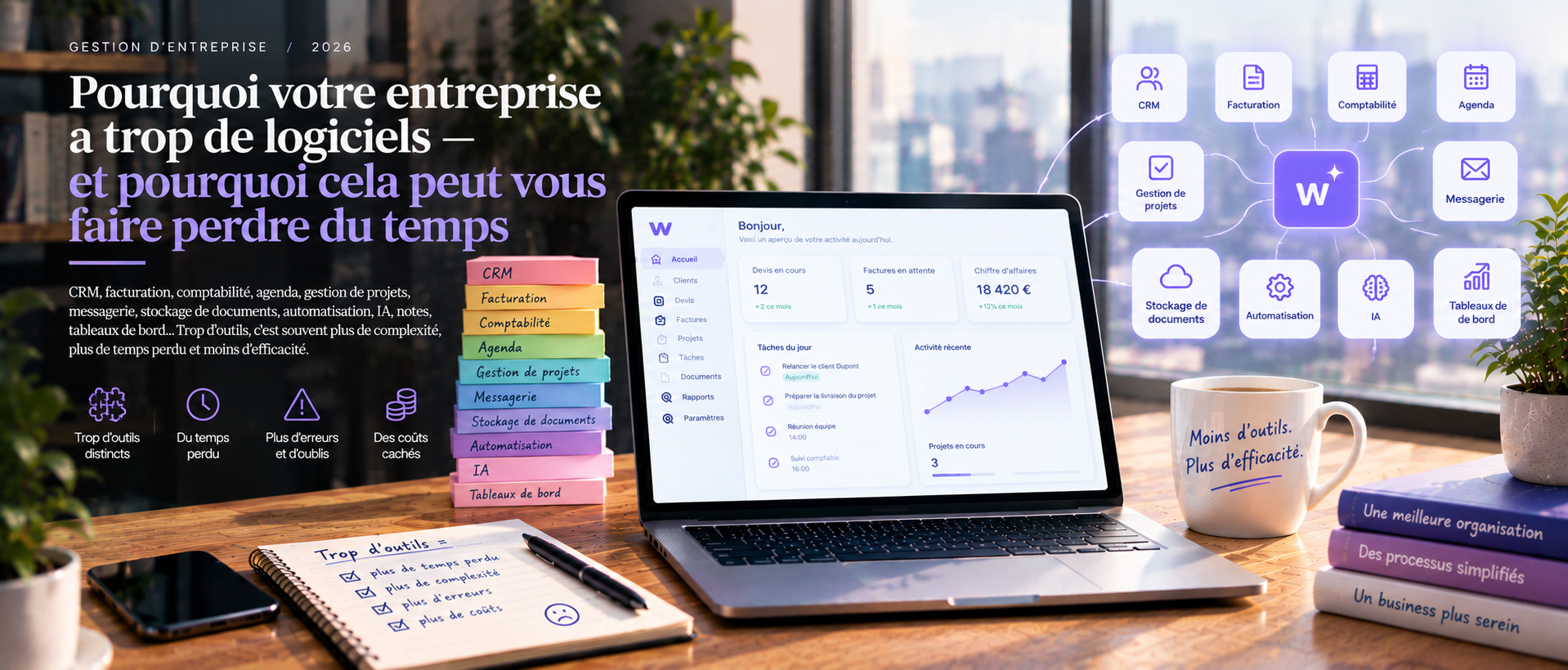 Illustration éditoriale sur la multiplication des logiciels dans les petites entreprises, montrant un espace de travail connecté avec un tableau de bord central et différents outils de CRM, facturation, comptabilité, agenda, gestion de projets, messagerie, stockage de documents, automatisation et intelligence artificielle. L’image illustre les conséquences d’un environnement logiciel fragmenté : temps perdu, saisies répétées, erreurs, coûts cachés et difficulté à faire circuler les informations. Elle présente également l’idée qu’une organisation plus simple et des outils mieux connectés peuvent améliorer la productivité et la gestion quotidienne d’une petite entreprise.